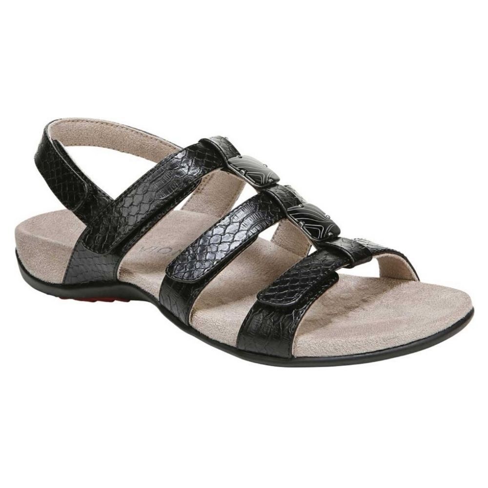 Vionic Orthaheel Amber Black Faux Vegan Leather Snake Embossed Strappy Sandals 7